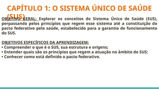 CAPÍTULO 1: O SISTEMA ÚNICO DE SAÚDE
(SUS)
OBJETIVO GERAL: Explorar os conceitos do Sistema Único de Saúde (SUS),
perpassando pelos princípios que regem esse sistema até a constituição do
pacto federativo pela saúde, estabelecido para a garantia de funcionamento
do SUS.
OBJETIVOS ESPECÍFICOS DA APRENDIZAGEM:
• Compreender o que é o SUS, sua estrutura e origens;
• Entender quais são os princípios que regem a atuação no âmbito do SUS;
• Conhecer como está definido o pacto federativo.
 