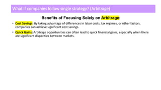 What if companies follow single strategy? (Arbitrage)
Benefits of Focusing Solely on Arbitrage:
• Cost Savings: By taking advantage of differences in labor costs, tax regimes, or other factors,
companies can achieve significant cost savings.
• Quick Gains: Arbitrage opportunities can often lead to quick financial gains, especially when there
are significant disparities between markets.
 