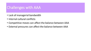 Challenges with AAA
• Lack of managerial bandwidth
• Internal cultural conflicts
• Competitive moves can affect the balance between AAA
• External pressures can affect the balance between AAA
 
