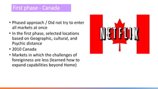 First phase - Canada
• Phased approach / Did not try to enter
all markets at once
• In the first phase, selected locations
based on Geographic, cultural, and
Psychic distance
• 2010 Canada
• Markets in which the challenges of
foreignness are less (learned how to
expand capabilities beyond Home)
 