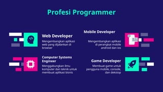 Profesi Programmer
Web Developer
Mobile Developer
Mengembangkan aplikasi
di perangkat mobile
android dan ios
Computer Systems
Engineer
Menggabungkan ilmu
komputer dan teknik untuk
membuat aplikasi bisnis
Game Developer
Membuat game untuk
pengguna mobile, console,
dan dekstop
Mengembangkan aplikasi
web yang dijalankan di
browser
 