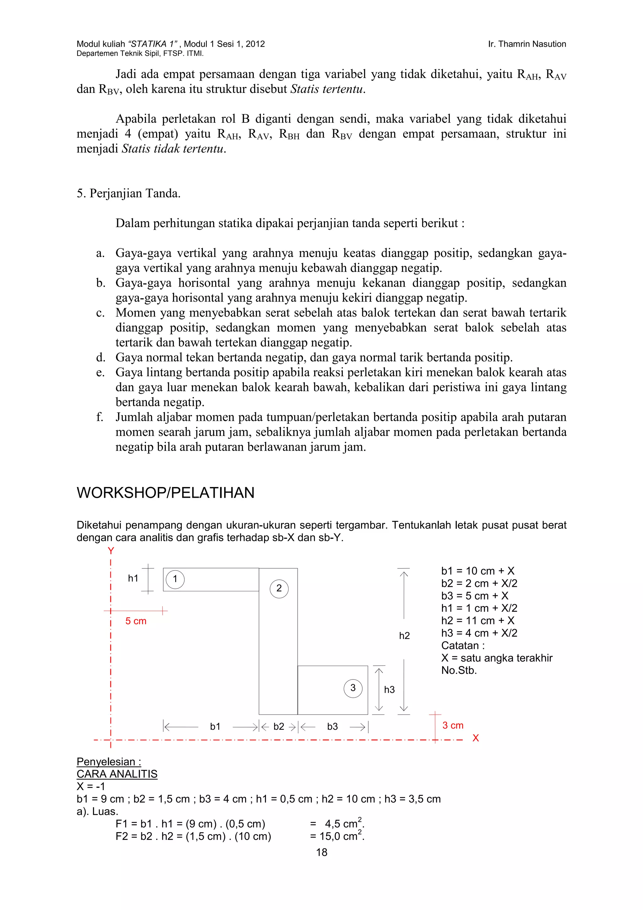 Modul kuliah “STATIKA 1” , Modul 1 Sesi 1, 2012 Ir. Thamrin Nasution
Departemen Teknik Sipil, FTSP. ITMI.
18
Jadi ada empat persamaan dengan tiga variabel yang tidak diketahui, yaitu RAH, RAV
dan RBV, oleh karena itu struktur disebut Statis tertentu.
Apabila perletakan rol B diganti dengan sendi, maka variabel yang tidak diketahui
menjadi 4 (empat) yaitu RAH, RAV, RBH dan RBV dengan empat persamaan, struktur ini
menjadi Statis tidak tertentu.
5. Perjanjian Tanda.
Dalam perhitungan statika dipakai perjanjian tanda seperti berikut :
a. Gaya-gaya vertikal yang arahnya menuju keatas dianggap positip, sedangkan gaya-
gaya vertikal yang arahnya menuju kebawah dianggap negatip.
b. Gaya-gaya horisontal yang arahnya menuju kekanan dianggap positip, sedangkan
gaya-gaya horisontal yang arahnya menuju kekiri dianggap negatip.
c. Momen yang menyebabkan serat sebelah atas balok tertekan dan serat bawah tertarik
dianggap positip, sedangkan momen yang menyebabkan serat balok sebelah atas
tertarik dan bawah tertekan dianggap negatip.
d. Gaya normal tekan bertanda negatip, dan gaya normal tarik bertanda positip.
e. Gaya lintang bertanda positip apabila reaksi perletakan kiri menekan balok kearah atas
dan gaya luar menekan balok kearah bawah, kebalikan dari peristiwa ini gaya lintang
bertanda negatip.
f. Jumlah aljabar momen pada tumpuan/perletakan bertanda positip apabila arah putaran
momen searah jarum jam, sebaliknya jumlah aljabar momen pada perletakan bertanda
negatip bila arah putaran berlawanan jarum jam.
WORKSHOP/PELATIHAN
Diketahui penampang dengan ukuran-ukuran seperti tergambar. Tentukanlah letak pusat pusat berat
dengan cara analitis dan grafis terhadap sb-X dan sb-Y.
Penyelesian :
CARA ANALITIS
X = -1
b1 = 9 cm ; b2 = 1,5 cm ; b3 = 4 cm ; h1 = 0,5 cm ; h2 = 10 cm ; h3 = 3,5 cm
a). Luas.
F1 = b1 . h1 = (9 cm) . (0,5 cm) = 4,5 cm
2
.
F2 = b2 . h2 = (1,5 cm) . (10 cm) = 15,0 cm
2
.
b1 b2 b3
h1
h2
h3
1
2
3
b1 = 10 cm + X
b2 = 2 cm + X/2
b3 = 5 cm + X
h1 = 1 cm + X/2
h2 = 11 cm + X
h3 = 4 cm + X/2
Catatan :
X = satu angka terakhir
No.Stb.
X
Y
5 cm
3 cm
 