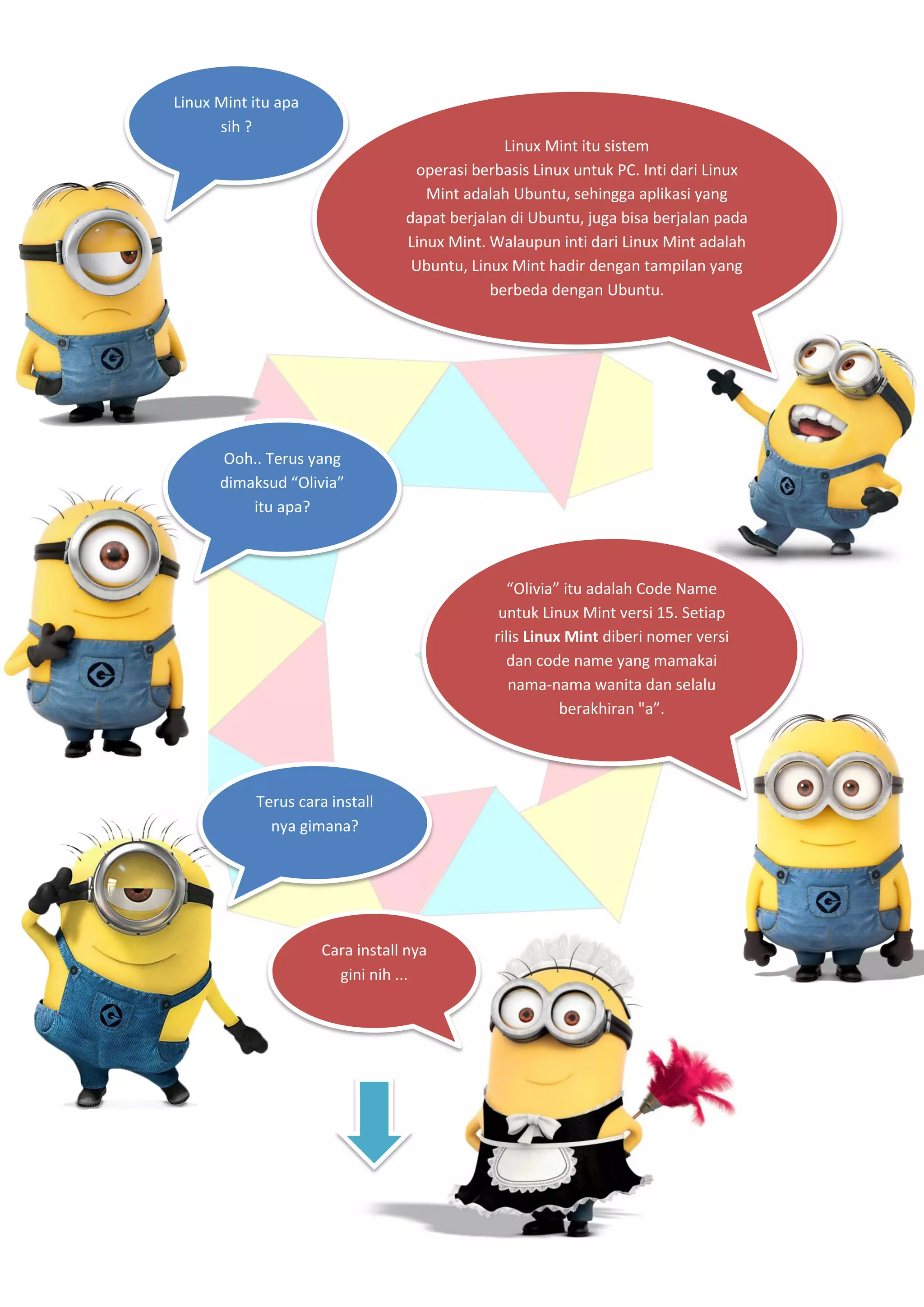 Linux Mint itu apa
sih ?
Linux Mint itu sistem
operasi berbasis Linux untuk PC. Inti dari Linux
Mint adalah Ubuntu, sehingga aplikasi yang
dapat berjalan di Ubuntu, juga bisa berjalan pada
Linux Mint. Walaupun inti dari Linux Mint adalah
Ubuntu, Linux Mint hadir dengan tampilan yang
berbeda dengan Ubuntu.

Ooh.. Terus yang
dimaksud “Olivia”
itu apa?

“Olivia” itu adalah Code Name
untuk Linux Mint versi 15. Setiap
rilis Linux Mint diberi nomer versi
dan code name yang mamakai
nama-nama wanita dan selalu
berakhiran "a”.

Terus cara install
nya gimana?

Cara install nya
gini nih ...

 