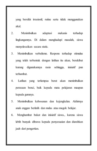 yang bersifat irrasionil, rutine serta tidak menggunakan
akal.
2. Menimbulkan adaptasi mekanis terhadap
lingkungannya. Di dalam menghadapi masalah, siswa
menyelesaikan secara statis.
3. Menimbulkan verbalisme. Respons terhadap stimulus
yang telah terbentuk dengan latihan itu akan, berakibat
kurang digunakannya rasio sehingga, inisiatif pun
terhambat.
4. Latihan yang terlampau berat akan menimbulkan
perasaan benci, baik kepada mata pelajaran maupun
kepada gurunya.
5. Menimbulkan kebosanan dan kejengkelan. Akhirnya
anak enggan berlatih dan malas atau mogok belajar.
6. Menghambat bakat dan inisiatif siswa., karena siswa
lebih banyak dibawa kepada penyesuaian dan diarahkan
jauh dari pengertian.
 