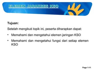 Tujuan:
Setelah mengikuti topik ini, peserta diharapkan dapat:
• Memahami dan mengetahui elemen jaringan KSO
• Memahami dan mengetahui fungsi dari setiap elemen
KSO

Page 1-11

 