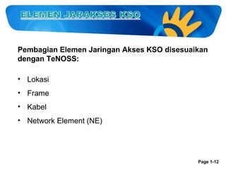 Pembagian Elemen Jaringan Akses KSO disesuaikan
dengan TeNOSS:
• Lokasi
• Frame
• Kabel
• Network Element (NE)

Page 1-12

 