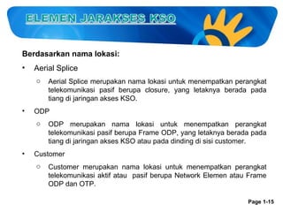 Berdasarkan nama lokasi:
•

Aerial Splice
o

•

ODP
o

•

Aerial Splice merupakan nama lokasi untuk menempatkan perangkat
telekomunikasi pasif berupa closure, yang letaknya berada pada
tiang di jaringan akses KSO.

ODP merupakan nama lokasi untuk menempatkan perangkat
telekomunikasi pasif berupa Frame ODP, yang letaknya berada pada
tiang di jaringan akses KSO atau pada dinding di sisi customer.

Customer
o

Customer merupakan nama lokasi untuk menempatkan perangkat
telekomunikasi aktif atau pasif berupa Network Elemen atau Frame
ODP dan OTP.
Page 1-15

 