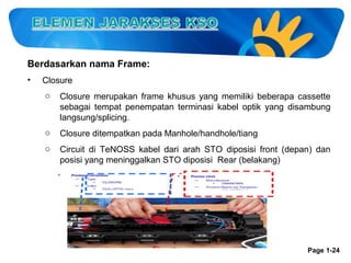 Berdasarkan nama Frame:
•

Closure
o

Closure merupakan frame khusus yang memiliki beberapa cassette
sebagai tempat penempatan terminasi kabel optik yang disambung
langsung/splicing.

o

Closure ditempatkan pada Manhole/handhole/tiang

o

Circuit di TeNOSS kabel dari arah STO diposisi front (depan) dan
posisi yang meninggalkan STO diposisi Rear (belakang)

Page 1-24

 