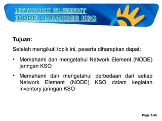 Tujuan:
Setelah mengikuti topik ini, peserta diharapkan dapat:
• Memahami dan mengetahui Network Element (NODE)
jaringan KSO
• Memahami dan mengetahui perbedaan dari setiap
Network Element (NODE) KSO dalam kegiatan
inventory jaringan KSO

Page 1-45

 
