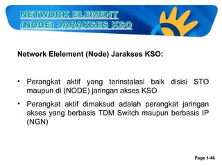 Network Elelement (Node) Jarakses KSO:

• Perangkat aktif yang terinstalasi baik disisi STO
maupun di (NODE) jaringan akses KSO
• Perangkat aktif dimaksud adalah perangkat jaringan
akses yang berbasis TDM Switch maupun berbasis IP
(NGN)

Page 1-46

 