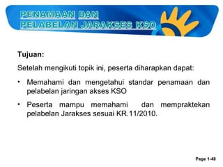 Tujuan:
Setelah mengikuti topik ini, peserta diharapkan dapat:
• Memahami dan mengetahui standar penamaan dan
pelabelan jaringan akses KSO
• Peserta mampu memahami
dan mempraktekan
pelabelan Jarakses sesuai KR.11/2010.

Page 1-48

 