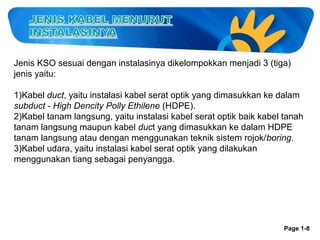 Jenis KSO sesuai dengan instalasinya dikelompokkan menjadi 3 (tiga)
jenis yaitu:
1)Kabel duct, yaitu instalasi kabel serat optik yang dimasukkan ke dalam
subduct - High Dencity Polly Ethilene (HDPE).
2)Kabel tanam langsung, yaitu instalasi kabel serat optik baik kabel tanah
tanam langsung maupun kabel duct yang dimasukkan ke dalam HDPE
tanam langsung atau dengan menggunakan teknik sistem rojok/boring.
3)Kabel udara, yaitu instalasi kabel serat optik yang dilakukan
menggunakan tiang sebagai penyangga.

Page 1-8

 