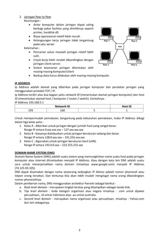 2. Jaringan Peer to Peer
      Keuntungan :
           Antar komputer dalam jaringan dapat saling
             berbagi pakai fasilitas yang dimilikinya seperti
             printer, harddisk dll.
           Biaya operasional relatif lebih murah
           Kelangsungan kerja jaringan tidak tergantung
             pada satu server
      Kelemahan :
           Pencarian solusi masalah jaringan relatif lebih
             sulit.
           Unjuk kerja lebih rendah dibandingkan dengan
             jaringan client-sercer.
           Sistem keamanan jaringan ditentukan oleh
             masing-masing komputer/client
           Backup data harus dilakukan oleh masing-masing komputer.

IP ADDRESS
Ip Address adalah alamat yang diberikan pada jaringan komputer dan peralatan jaringan yang
menggunakan protokol TCP / IP.
Ip Address terdiri atas dua bagian yaitu network ID (menentukan alamat jaringan komputer) dan host
ID (menentukan alamat host / komputer / router / switch). Contohnya :
IP Address 193.160.5.1
                                Network ID                                        Host ID
          193                       160                     5                       1

Untuk mempermudah pemakaian, bergantung pada kebutuhan pemakaian, maka IP Address dibagi
dalam tiga kelas yaitu :
    1. Kelas A : diberikan untuk jaringan dengan jumlah host yang sangat besar.
       Range IP antara 0.xxx.xxx.xxx – 127.xxx.xxx.xxx
    2. Kelas B : biasanya dialokasikan untuk jaringan berukuran sedang dan besar.
       Range IP antara 128.0.xxx.xxx – 191.255.xxx.xxx
    3. Kelas C : digunakan untuk jaringan berukuran kecil (LAN).
       Range IP antara 192.0.0.xxx – 223.255.255.xxx

DOMAIN NAME SYSTEM (DNS)
Domain Name System (DNS) adalah suatu sistem yang memungkinkan nama suatu host pada jaringan
komputer atau internet ditranlasikan menjadi IP Address. Atau dengan kata lain DNS adalah suatu
cara untuk menerjemahkan nama domain (misalnya www.google.com) menjadi IP Address
(74.125.93.105).
DNS dapat disamakan dengan nama seseorang sedangkan IP Adress adalah nomor phonecell atau
telpon orang tersebut. Dan tentunya kita akan lebih mudah mengingat nama orang dibandingkan
nomor phonecellnya.
Dalam pemberian nama, DNS menggunakan arsitektur hierarki sebagai berikut :
    a. Root-level domain : merupakan tingkat teratas yang ditampilkan sebagai tanda titik.
    b. Top level domain : kode kategori organisasi atau negara misalnya : .com untuk dipakai
       perusahaan, .id untuk indonesia atau .au untuk australia.
    c. Second level domain : merupakan nama organisasi atau perusahaan, misalnya : Yahoo.com
       dan lain sebagainya.




                                                3
 