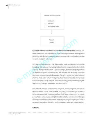 e-manajemen.com
PEMBELAJARAN MANAJEMEN JARAK JAUH
Lembaga Manajemen PPM
○ ○ ○ ○ ○ ○ ○ ○ ○ ○ ○ ○ ○ ○ ○ ○ ○ ○ ○ ○ ○ ○ ○ ○ ○ ○ ○ ○ ○ ○ ○ ○ ○ ○ ○ ○ ○ ○ ○ ○ ○ ○ ○ ○ ○ ○ ○
4 Ciri Khas Organisasi
Pemilik atau karyawan
• produsen
• pemasar
• pemegang buku
Asisten
Umum
BABAK III :DiferensiasiVertikaldanDiferensiasiHorisontalDalambulan-
bulan berikutnya, bisnis Pak Wira bertambah maju. Pesanan datang dalam
jumlah banyak dari beberapa perusahaan swasta untuk membuatkan pakaian
seragam bagi para karyawan.
Didi pun mulai kewalahan. Pak Wira merasa perlu untuk memberi jabatan
baru bagi Didi sebagai manajer produksi, dan mengangkat serta melatih
seorang manajer pemasaran, Supriadi, yang sudah lama berpengalaman
sebagai wiraniaga di perusahaan lain, dan seorang ahli akuntung, bernama
Darmono, sebagai manajer keuangan. Pak Wira sendiri menjabat sebagai
direktur. Pada akhir tahun 19x3 perusahaan Pak Wira sudah mempunyai
karyawan yang cukup banyak, 60 orang, sehingga ia perlu mengangkat
lagi seorang manajer personalia, bernama Anton.
Berkat ketekunannya, pelayanannya yang baik, mode yang selalu mengikuti
perkembangan zaman, mutu produk yang tinggi, dan semangat kerja para
karyawan yang baik, maka perusahaan Pak Wira sekarang ini termasuk
perusahaan konfeksi yang paling terkenal di kota itu. Karena perkembangan
intern perusahan dan perubahan lingkungan yang sering terjasdi, maka
organisasi perusahaan Pak Wira telah mengalami beberapa kali perubahan.
Catatan3
 