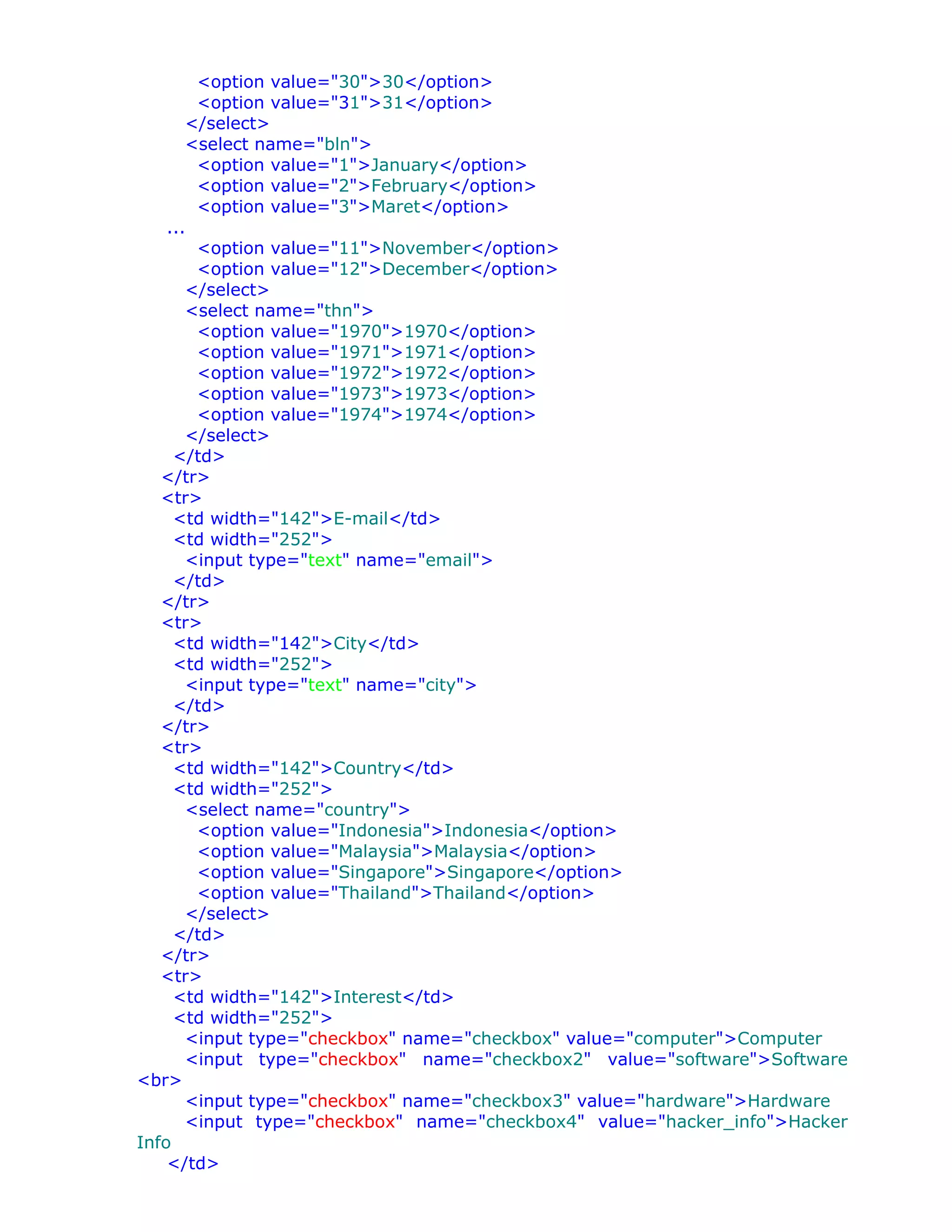 <option value="30">30</option>
        <option value="31">31</option>
       </select>
       <select name="bln">
        <option value="1">January</option>
        <option value="2">February</option>
        <option value="3">Maret</option>
    ...
        <option value="11">November</option>
        <option value="12">December</option>
       </select>
       <select name="thn">
        <option value="1970">1970</option>
        <option value="1971">1971</option>
        <option value="1972">1972</option>
        <option value="1973">1973</option>
        <option value="1974">1974</option>
       </select>
     </td>
   </tr>
   <tr>
     <td width="142">E-mail</td>
     <td width="252">
       <input type="text" name="email">
     </td>
   </tr>
   <tr>
     <td width="142">City</td>
     <td width="252">
       <input type="text" name="city">
     </td>
   </tr>
   <tr>
     <td width="142">Country</td>
     <td width="252">
       <select name="country">
        <option value="Indonesia">Indonesia</option>
        <option value="Malaysia">Malaysia</option>
        <option value="Singapore">Singapore</option>
        <option value="Thailand">Thailand</option>
       </select>
     </td>
   </tr>
   <tr>
     <td width="142">Interest</td>
     <td width="252">
       <input type="checkbox" name="checkbox" value="computer">Computer
       <input type="checkbox" name="checkbox2" value="software">Software
<br>
       <input type="checkbox" name="checkbox3" value="hardware">Hardware
       <input type="checkbox" name="checkbox4" value="hacker_info">Hacker
Info
    </td>
 