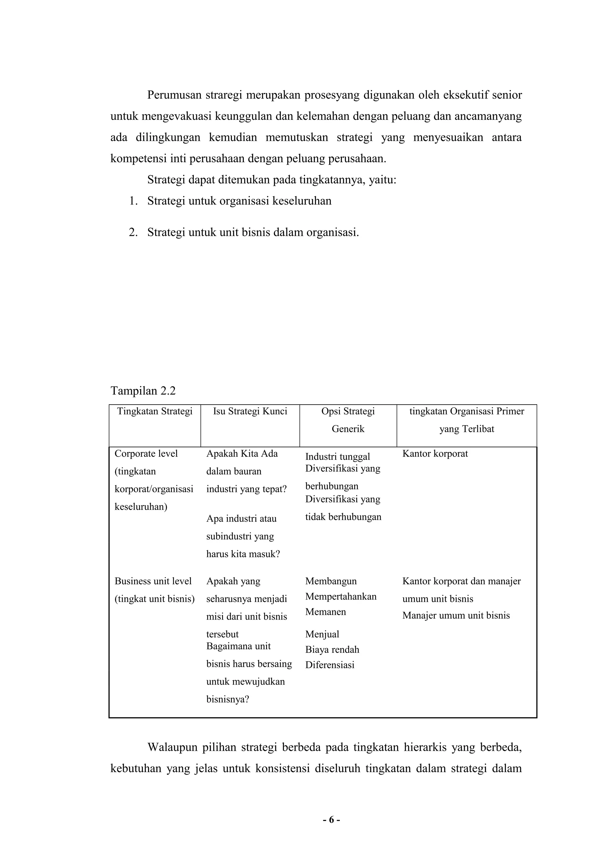 Perumusan straregi merupakan prosesyang digunakan oleh eksekutif senior 
untuk mengevakuasi keunggulan dan kelemahan dengan peluang dan ancamanyang 
ada dilingkungan kemudian memutuskan strategi yang menyesuaikan antara 
kompetensi inti perusahaan dengan peluang perusahaan. 
Strategi dapat ditemukan pada tingkatannya, yaitu: 
1. Strategi untuk organisasi keseluruhan 
2. Strategi untuk unit bisnis dalam organisasi. 
Tampilan 2.2 
Tingkatan Strategi Isu Strategi Kunci Opsi Strategi 
Generik 
tingkatan Organisasi Primer 
yang Terlibat 
Corporate level 
(tingkatan 
korporat/organisasi 
keseluruhan) 
Apakah Kita Ada 
dalam bauran 
industri yang tepat? 
Industri tunggal Kantor korporat 
Diversifikasi yang 
berhubungan 
Diversifikasi yang 
tidak berhubungan 
Apa industri atau 
subindustri yang 
harus kita masuk? 
Business unit level 
(tingkat unit bisnis) 
Apakah yang 
seharusnya menjadi 
misi dari unit bisnis 
tersebut 
Membangun Kantor korporat dan manajer 
Mempertahankan umum unit bisnis 
Memanen Manajer umum unit bisnis 
Menjual 
Bagaimana unit 
bisnis harus bersaing 
untuk mewujudkan 
bisnisnya? 
Biaya rendah 
Diferensiasi 
Walaupun pilihan strategi berbeda pada tingkatan hierarkis yang berbeda, 
kebutuhan yang jelas untuk konsistensi diseluruh tingkatan dalam strategi dalam 
- 6 - 
 