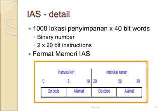 IAS - detail
 1000 lokasi penyimpanan x 40 bit words
◦ Binary number
◦ 2 x 20 bit instructions
 Format Memori IAS
Mar-20 10
 