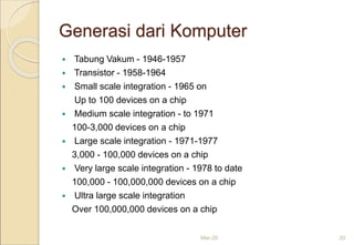 Generasi dari Komputer
 Tabung Vakum - 1946-1957
 Transistor - 1958-1964
 Small scale integration - 1965 on
Up to 100 devices on a chip
 Medium scale integration - to 1971
100-3,000 devices on a chip
 Large scale integration - 1971-1977
3,000 - 100,000 devices on a chip
 Very large scale integration - 1978 to date
100,000 - 100,000,000 devices on a chip
 Ultra large scale integration
Over 100,000,000 devices on a chip
Mar-20 20
 