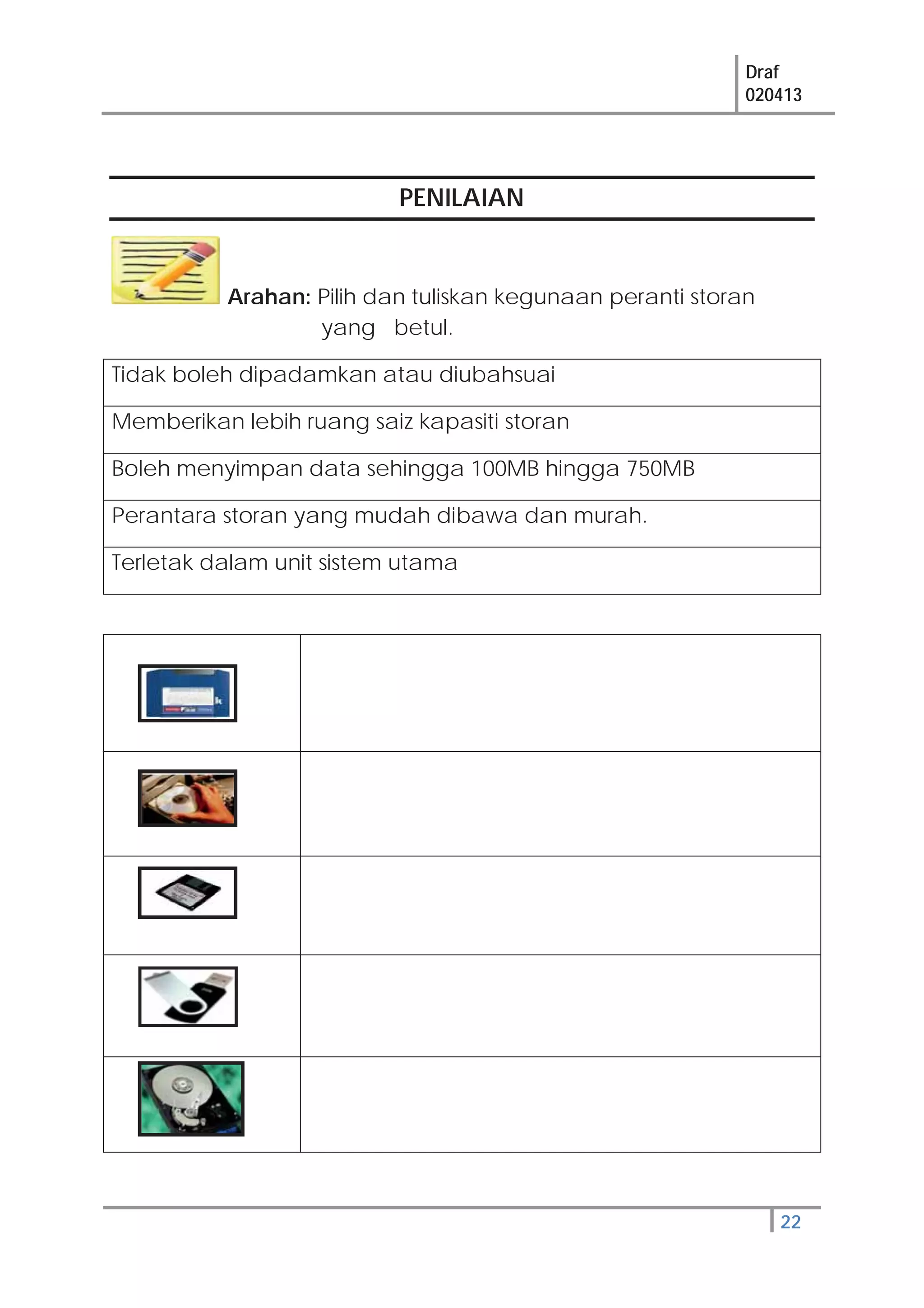 Draf
020413
22
PENILAIAN
Arahan: Pilih dan tuliskan kegunaan peranti storan
yang betul.
Tidak boleh dipadamkan atau diubahsuai
Memberikan lebih ruang saiz kapasiti storan
Boleh menyimpan data sehingga 100MB hingga 750MB
Perantara storan yang mudah dibawa dan murah.
Terletak dalam unit sistem utama
 