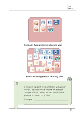 Draf
020413
8
Keadaan Ruang sebelum diserang Virus
Keadaan Ruang selepas diserang Virus
Ceritakan apakah kemungkinan yang akan
berlaku apabila virus bertambah dengan
mengandakan dirinya secara merupai fail
yang ada dalam komputer.
Jawapan: ___________________________________
_____________________________________________
 