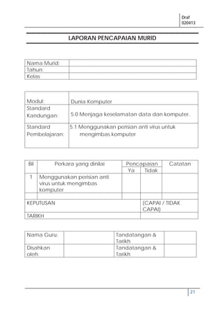 Draf
020413
21
LAPORAN PENCAPAIAN MURID
Nama Murid:
Tahun:
Kelas
Modul: Dunia Komputer
Standard
Kandungan: 5.0 Menjaga keselamatan data dan komputer.
Standard
Pembelajaran:
5.1 Menggunakan perisian anti virus untuk
mengimbas komputer
Bil Perkara yang dinilai Pencapaian Catatan
Ya Tidak
1 Menggunakan perisian anti
virus untuk mengimbas
komputer
KEPUTUSAN (CAPAI / TIDAK
CAPAI)
TARIKH
Nama Guru: Tandatangan &
Tarikh
Disahkan
oleh:
Tandatangan &
Tarikh
 