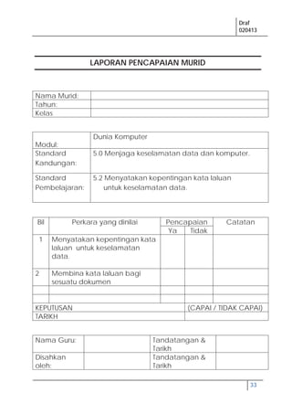 Draf
020413
33
LAPORAN PENCAPAIAN MURID
Nama Murid:
Tahun:
Kelas
Modul:
Dunia Komputer
Standard
Kandungan:
5.0 Menjaga keselamatan data dan komputer.
Standard
Pembelajaran:
5.2 Menyatakan kepentingan kata laluan
untuk keselamatan data.
Bil Perkara yang dinilai Pencapaian Catatan
Ya Tidak
1 Menyatakan kepentingan kata
laluan untuk keselamatan
data.
2 Membina kata laluan bagi
sesuatu dokumen
KEPUTUSAN (CAPAI / TIDAK CAPAI)
TARIKH
Nama Guru: Tandatangan &
Tarikh
Disahkan
oleh:
Tandatangan &
Tarikh
 