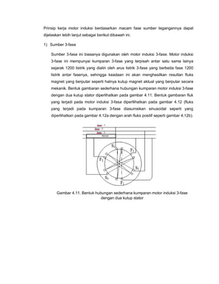 Prinsip kerja motor induksi berdasarkan macam fase sumber tegangannya dapat
dijelaskan lebih lanjut sebagai berikut dibawah ini.
1) Sumber 3-fase
Sumber 3-fase ini biasanya digunakan oleh motor induksi 3-fase. Motor induksi
3-fase ini mempunyai kumparan 3-fase yang terpisah antar satu sama lainya
sejarak 1200 listrik yang dialiri oleh arus listrik 3-fase yang berbeda fase 1200
listrik antar fasenya, sehingga keadaan ini akan menghasilkan resultan fluks
magnet yang berputar seperti halnya kutup magnet aktual yang berputar secara
mekanik. Bentuk gambaran sederhana hubungan kumparan motor induksi 3-fase
dengan dua kutup stator diperlihatkan pada gambar 4.11. Bentuk gambaran fluk
yang terjadi pada motor induksi 3-fasa diperllihatkan pada gambar 4.12 (fluks
yang terjadi pada kumparan 3-fase diasumsikan sinusoidal seperti yang
diperlihatkan pada gambar 4.12a dengan arah fluks positif seperti gambar 4.12b).
Gambar 4.11. Bentuk hubungan sederhana kumparan motor induksi 3-fase
dengan dua kutup stator
 