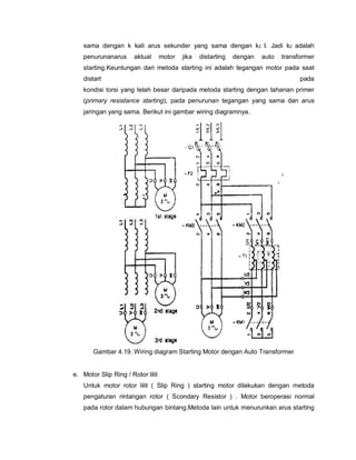 sama dengan k kali arus sekunder yang sama dengan k2 I. Jadi k2 adalah
penurunanarus aktual motor jika distarting dengan auto transformer
starting.Keuntungan dari metoda starting ini adalah tegangan motor pada saat
distart pada
kondisi torsi yang telah besar daripada metoda starting dengan tahanan primer
(primary resistance starting), pada penurunan tegangan yang sama dan arus
jaringan yang sama. Berikut ini gambar wiring diagramnya.
Gambar 4.19. Wiring diagram Starting Motor dengan Auto Transformer
e. Motor Slip Ring / Rotor lilit
Untuk motor rotor lilit ( Slip Ring ) starting motor dilakukan dengan metoda
pengaturan rintangan rotor ( Scondary Resistor ) . Motor beroperasi normal
pada rotor dalam hubungan bintang.Metoda lain untuk menurunkan arus starting
 