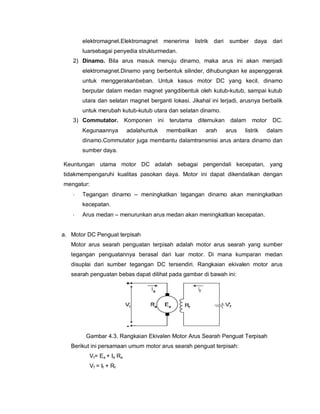 elektromagnet.Elektromagnet menerima listrik dari sumber daya dari
luarsebagai penyedia strukturmedan.
2) Dinamo. Bila arus masuk menuju dinamo, maka arus ini akan menjadi
elektromagnet.Dinamo yang berbentuk silinder, dihubungkan ke aspenggerak
untuk menggerakanbeban. Untuk kasus motor DC yang kecil, dinamo
berputar dalam medan magnet yangdibentuk oleh kutub-kutub, sampai kutub
utara dan selatan magnet berganti lokasi. Jikahal ini terjadi, arusnya berbalik
untuk merubah kutub-kutub utara dan selatan dinamo.
3) Commutator. Komponen ini terutama ditemukan dalam motor DC.
Kegunaannya adalahuntuk membalikan arah arus listrik dalam
dinamo.Commutator juga membantu dalamtransmisi arus antara dinamo dan
sumber daya.
Keuntungan utama motor DC adalah sebagai pengendali kecepatan, yang
tidakmempengaruhi kualitas pasokan daya. Motor ini dapat dikendalikan dengan
mengatur:
· Tegangan dinamo – meningkatkan tegangan dinamo akan meningkatkan
kecepatan.
· Arus medan – menurunkan arus medan akan meningkatkan kecepatan.
a. Motor DC Penguat terpisah
Motor arus searah penguatan terpisah adalah motor arus searah yang sumber
tegangan penguatannya berasal dari luar motor. Di mana kumparan medan
disuplai dari sumber tegangan DC tersendiri. Rangkaian ekivalen motor arus
searah penguatan bebas dapat dilihat pada gambar di bawah ini:
Gambar 4.3. Rangkaian Ekivalen Motor Arus Searah Penguat Terpisah
Berikut ini persamaan umum motor arus searah penguat terpisah:
Vt= Ea + Ia Ra
Vf = If + Rf
 