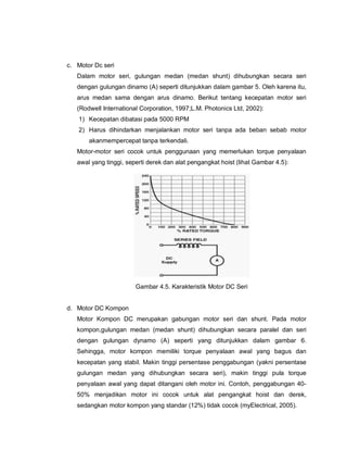 c. Motor Dc seri
Dalam motor seri, gulungan medan (medan shunt) dihubungkan secara seri
dengan gulungan dinamo (A) seperti ditunjukkan dalam gambar 5. Oleh karena itu,
arus medan sama dengan arus dinamo. Berikut tentang kecepatan motor seri
(Rodwell International Corporation, 1997;L.M. Photonics Ltd, 2002):
1) Kecepatan dibatasi pada 5000 RPM
2) Harus dihindarkan menjalankan motor seri tanpa ada beban sebab motor
akanmempercepat tanpa terkendali.
Motor-motor seri cocok untuk penggunaan yang memerlukan torque penyalaan
awal yang tinggi, seperti derek dan alat pengangkat hoist (lihat Gambar 4.5):
Gambar 4.5. Karakteristik Motor DC Seri
d. Motor DC Kompon
Motor Kompon DC merupakan gabungan motor seri dan shunt. Pada motor
kompon,gulungan medan (medan shunt) dihubungkan secara paralel dan seri
dengan gulungan dynamo (A) seperti yang ditunjukkan dalam gambar 6.
Sehingga, motor kompon memiliki torque penyalaan awal yang bagus dan
kecepatan yang stabil. Makin tinggi persentase penggabungan (yakni persentase
gulungan medan yang dihubungkan secara seri), makin tinggi pula torque
penyalaan awal yang dapat ditangani oleh motor ini. Contoh, penggabungan 40-
50% menjadikan motor ini cocok untuk alat pengangkat hoist dan derek,
sedangkan motor kompon yang standar (12%) tidak cocok (myElectrical, 2005).
 