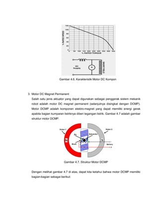 Gambar 4.6. Karakteristik Motor DC Kompon
3. Motor DC Magnet Permanent
Salah satu jenis aktuator yang dapat digunakan sebagai penggerak sistem mekanik
robot adalah motor DC magnet permanent (selanjutnya disingkat dengan DCMP).
Motor DCMP adalah komponen elektro-magnet yang dapat memiliki energi gerak
apabila bagian kumparan listriknya diberi tegangan listrik. Gambar 4.7 adalah gambar
struktur motor DCMP.
Gambar 4.7. Struktur Motor DCMP
Dengan melihat gambar 4.7 di atas, dapat kita ketahui bahwa motor DCMP memiliki
bagian-bagian sebagai berikut:
 