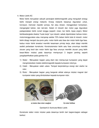 4. Motor Listrik AC
Motor listrik merupakan sebuah perangkat elektromagnetik yang mengubah energy
listrik menjadi energi mekanik. Energi mekanik biasanya digunakan untuk,
konveyor, memutar impeller pompa, fan atau blower, menggerakan kompresor,
mengangkat bahan, dan lain-lain. Selain di industri dan motor juga digunakan
padaperalatan listrik rumah tangga (seperti: mixer, bor listrik, kipas angin). Motor
listrikkadangkala disebut “kuda kerja” nya industri, sebab diperkirakan bahwa motor-
motormenggunakan atau menyerap sekitar 70% beban listrik total di industri. motor
listrik dibagi menjadi dua jenis yaitu: motor listrik satu fasa dan motor listrik tiga fasa.
kedua motor listrik tersebut memiliki kesamaan prinsip kerja, akan tetapi memilki
sedikit perbedaan konstruksi. Konstruksimotor listrik satu fasa umumnya memiliki
ukuran yang kecil dan motor listrik tiga fasa umunya memiliki ukuran yang lebih
besar.Motor induksi pada dasarnya mempunyai 3 bagian penting seperti
yangdiperlihatkan pada gambar 4.9.
1) Stator : Merupakan bagian yang diam dan mempunyai kumparan yang dapat
menginduksikan medan elektromagnetik kepada kumparan rotornya.
2) Celah : Merupakan celah udara: Tempat berpindahnya energi dari startor ke
rotor.
3) Rotor : Merupakan bagian yang bergerak akibat adanya induksi magnet dari
kumparan stator yang diinduksikan kepada kumparan rotor.
Gambar4.9. Kontruksi Motor Listrik
Konstruksi stator motor induksi pada dasarnya terdiri dari bagian-bagian sebagai
berikut:
 