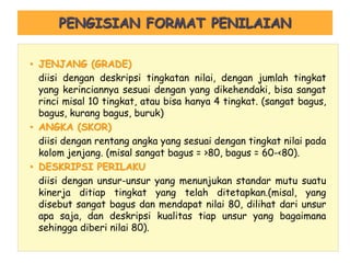 PENGISIAN FORMAT PENILAIAN
• JENJANG (GRADE)
diisi dengan deskripsi tingkatan nilai, dengan jumlah tingkat
yang kerinciannya sesuai dengan yang dikehendaki, bisa sangat
rinci misal 10 tingkat, atau bisa hanya 4 tingkat. (sangat bagus,
bagus, kurang bagus, buruk)
• ANGKA (SKOR)
diisi dengan rentang angka yang sesuai dengan tingkat nilai pada
kolom jenjang. (misal sangat bagus = >80, bagus = 60-<80).
• DESKRIPSI PERILAKU
diisi dengan unsur-unsur yang menunjukan standar mutu suatu
kinerja ditiap tingkat yang telah ditetapkan.(misal, yang
disebut sangat bagus dan mendapat nilai 80, dilihat dari unsur
apa saja, dan deskripsi kualitas tiap unsur yang bagaimana
sehingga diberi nilai 80).
 