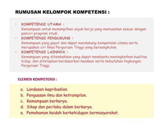 RUMUSAN KELOMPOK KOMPETENSI :
• KOMPETENSI UTAMA :
Kemampuan untuk menampilkan unjuk kerja yang memuaskan sesuai dengan
penciri program studi.
• KOMPETENSI PENDUKUNG :
Kemampuan yang gayut dan dapat mendukung kompetensi utama serta
merupakan ciri khas Perguruan Tinggi yang bersangkutan.
• KOMPETENSI LAINNYA :
Kemampuan yang ditambahkan yang dapat membantu meningkatkan kualitas
hidup, dan ditetapkan berdasarkan keadaan serta kebutuhan lingkungan
Perguruan Tinggi.
a. Landasan kepribadian.
b. Penguasan ilmu dan ketrampilan.
c. Kemampuan berkarya.
d. Sikap dan perilaku dalam berkarya.
e. Pemahaman kaidah berkehidupan bermasyarakat.
ELEMEN KOMPETENSI :
 