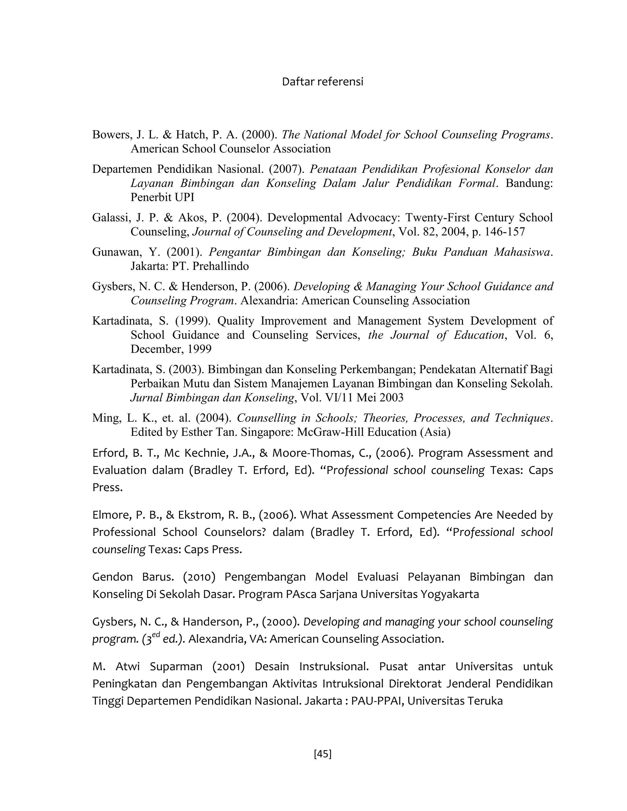 [45] 
Daftar referensi 
Bowers, J. L. & Hatch, P. A. (2000). The National Model for School Counseling Programs. American School Counselor Association 
Departemen Pendidikan Nasional. (2007). Penataan Pendidikan Profesional Konselor dan Layanan Bimbingan dan Konseling Dalam Jalur Pendidikan Formal. Bandung: Penerbit UPI 
Galassi, J. P. & Akos, P. (2004). Developmental Advocacy: Twenty-First Century School Counseling, Journal of Counseling and Development, Vol. 82, 2004, p. 146-157 
Gunawan, Y. (2001). Pengantar Bimbingan dan Konseling; Buku Panduan Mahasiswa. Jakarta: PT. Prehallindo 
Gysbers, N. C. & Henderson, P. (2006). Developing & Managing Your School Guidance and Counseling Program. Alexandria: American Counseling Association 
Kartadinata, S. (1999). Quality Improvement and Management System Development of School Guidance and Counseling Services, the Journal of Education, Vol. 6, December, 1999 
Kartadinata, S. (2003). Bimbingan dan Konseling Perkembangan; Pendekatan Alternatif Bagi Perbaikan Mutu dan Sistem Manajemen Layanan Bimbingan dan Konseling Sekolah. Jurnal Bimbingan dan Konseling, Vol. VI/11 Mei 2003 
Ming, L. K., et. al. (2004). Counselling in Schools; Theories, Processes, and Techniques. Edited by Esther Tan. Singapore: McGraw-Hill Education (Asia) 
Erford, B. T., Mc Kechnie, J.A., & Moore-Thomas, C., (2006). Program Assessment and Evaluation dalam (Bradley T. Erford, Ed). “Professional school counseling Texas: Caps Press. 
Elmore, P. B., & Ekstrom, R. B., (2006). What Assessment Competencies Are Needed by Professional School Counselors? dalam (Bradley T. Erford, Ed). “Professional school counseling Texas: Caps Press. 
Gendon Barus. (2010) Pengembangan Model Evaluasi Pelayanan Bimbingan dan Konseling Di Sekolah Dasar. Program PAsca Sarjana Universitas Yogyakarta 
Gysbers, N. C., & Handerson, P., (2000). Developing and managing your school counseling program. (3ed ed.). Alexandria, VA: American Counseling Association. 
M. Atwi Suparman (2001) Desain Instruksional. Pusat antar Universitas untuk Peningkatan dan Pengembangan Aktivitas Intruksional Direktorat Jenderal Pendidikan Tinggi Departemen Pendidikan Nasional. Jakarta : PAU-PPAI, Universitas Teruka  