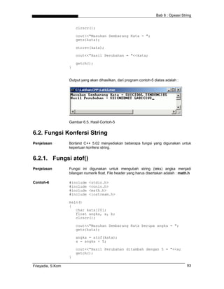 Bab 6 : Opeasi String
clrscr();
cout<<"Masukan Sembarang Kata = ";
gets(kata);
strrev(kata);
cout<<"Hasil Perubahan = "<<kata;
getch();
}
Output yang akan dihasilkan, dari program contoh-5 diatas adalah :
Gambar 6.5. Hasil Contoh-5
6.2. Fungsi Konfersi String
Penjelasan Borland C++ 5.02 menyediakan beberapa fungsi yang digunakan untuk
keperluan konfersi string.
6.2.1. Fungsi atof()
Penjelasan Fungsi ini digunakan untuk mengubah string (teks) angka menjadi
bilangan numerik float. File header yang harus disertakan adalah : math.h
Contoh-6 #include <stdio.h>
#include <conio.h>
#include <math.h>
#include <iostream.h>
main()
{
char kata[20];
float angka, a, b;
clrscr();
cout<<"Masukan Sembarang Kata berupa angka = ";
gets(kata);
angka = atof(kata);
a = angka + 5;
cout<<"Hasil Perubahan ditambah dengan 5 = "<<a;
getch();
}
Frieyadie, S.Kom 93
 