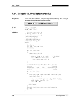 Bab 7 : Array
7.2.1. Mengakses Array Berdimensi Dua
Penjelasan Suatu array, dapat diakses dengan menggunakan subscript atau indexnya
Bentuk umum pengaksesan dengan bentuk :
Nama_Array[index-1][index-2]
Contoh data_jual[2][2];
data_jual[1][2];
Contoh-3 /* ---------------- */
/* Array Dimensi 2 */
/* ---------------- */
#include<conio.h>
#include<stdio.h>
#include<iostream.h>
#include<iomanip.h>
main()
{
int i, j;
int data_jual[4][4];
clrscr();
for(i=1;i<=3;i++)
{
for(j=1;j<=3;j++)
{
cout<<"Data Ke - "<<i<<" "<<j<<endl;
cout<<"Jumlah Penjulan : ";
cin>>data_jual[i][j];
}
}
cout<<"Data Penjualan Pertahun"<<endl;
cout<<"-----------------------"<<endl;
cout<<"NO 2001 2002 2003"<<endl;
cout<<"-----------------------"<<endl;
for(i=1;i<=3;i++)
{
cout<<setiosflags(ios::left)<<setw(5)<<i;
for(j=1;j<=3;j++)
{
cout<<setiosflags(ios::right)<<setw(4);
cout<<data_jual[i][j];
cout<<" ";
}
cout<<endl;
}
cout<<"-----------------------"<<endl;
getch();
}
Pemrogramman C++104
 