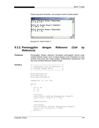 Bab 9 : Fungsi
Output yang akan dihasilkan, dari program contoh-2 diatas adalah :
Gambar 9.2. Hasil Contoh-2
9.3.2. Pemanggilan dengan Referensi (Call by
Reference)
Penjelasan Pemanggilan dengan reference merupakan pemanggilan alamat suatu
variabel didalam fungsi. Cara ini dapat dipakai untuk mengubah isi suatu
variabel yang diluar dari fungsi dengan melaksanakan pengubahan nilai
dari suatu variabel dilakukan didalam fungsi.
Contoh-3 /* ---------------------------- */
/* Penggunaan Call By Reference */
/* Program Tambah Nilai */
/* ---------------------------- */
#include<conio.h>
#include<stdio.h>
#include<iostream.h>
tambah(int *c, int *d);
main()
{
int a, b;
a = 4;
b = 6;
clrscr();
cout<<"Nilai Sebelum Pemanggilan Fungsi";
cout<<"na = "<<a<<" b = "<<b;
tambah(&a,&b);
cout<<endl;
cout<<"nNilai Setelah Pemanggilan Fungsi";
cout<<"na = "<<a<<" b = "<<b;
getch();
}
Frieyadie, S.Kom 129
 
