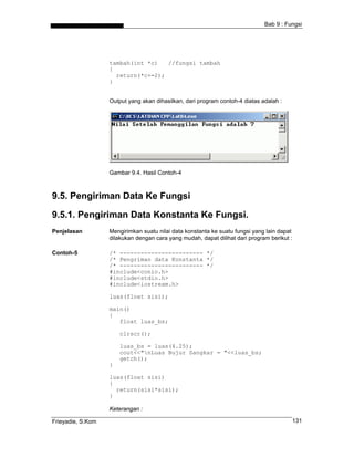 Bab 9 : Fungsi
tambah(int *c) //fungsi tambah
{
return(*c+=2);
}
Output yang akan dihasilkan, dari program contoh-4 diatas adalah :
Gambar 9.4. Hasil Contoh-4
9.5. Pengiriman Data Ke Fungsi
9.5.1. Pengiriman Data Konstanta Ke Fungsi.
Penjelasan Mengirimkan suatu nilai data konstanta ke suatu fungsi yang lain dapat
dilakukan dengan cara yang mudah, dapat dilihat dari program berikut :
Contoh-5 /* ------------------------ */
/* Pengriman data Konstanta */
/* ------------------------ */
#include<conio.h>
#include<stdio.h>
#include<iostream.h>
luas(float sisi);
main()
{
float luas_bs;
clrscr();
luas_bs = luas(4.25);
cout<<"nLuas Bujur Sangkar = "<<luas_bs;
getch();
}
luas(float sisi)
{
return(sisi*sisi);
}
Keterangan :
Frieyadie, S.Kom 131
 