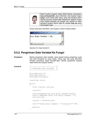 Bab 9 : Fungsi
Dalam struktur program diatas dilihat bahwa, pernyataan
luas_bs=luas(4.25), akan dikirimkan nilai kepada fungsi
luas(), untuk diolah lebih lanjut, yang nilai tersebut akan
ditampung pada variabel sisi. Selanjutnya didalam fungsi
return terjadi perkalian sisi dengan sisi, setelah itu hasil
perkalian tersebut dikirim balik ke variabel luas_bs yang
memanggil fungsi.
Output yang akan dihasilkan, dari program contoh-5 diatas adalah :
Gambar 9.5. Hasil Contoh-5
9.5.2. Pengiriman Data Variabel Ke Fungsi
Penjelasan Bentuk pengiriman data Variabel, sama seperti halnya pengiriman suatu
nilai data konstanta ke suatu fungsi, hanya saja nilai yang dikirimkan
tersebut senantiasa dapat berubah-ubah. Bentuk pengiriman tersebut
dapat dilihat dari program berikut :
Contoh-6 /* ------------------------ */
/* Pengriman data Variabel */
/* ------------------------ */
#include<conio.h>
#include<stdio.h>
#include<iostream.h>
luas(float sisi);
main()
{
float luas_bs, sisi_bs;
clrscr();
cout<<"nMenghitung Luas Bujur Sangkar"<<endl;
cout<<"nMasukan Nilai Sisi Bujur Sangkar : ";
cin>>sisi_bs;
luas_bs = luas(sisi_bs);
cout<<"nLuas Bujur Sangkar = "<<luas_bs<<" Cm";
getch();
}
Pemrogramman C++132
 