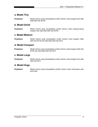 Bab 1 : Pengenalan Bahasa C++
a. Model Tiny
Penjelasan Model memori yang menyediakan jumlah memori untuk program dan data
tidak lebih dari 64 Kb.
b. Model Small
Penjelasan Model memori yang menyediakan jumlah memori untuk masing-masing
program dan data tidak lebih dari 64 Kb.
c. Model Medium
Penjelasan Model memori yang menyediakan jumlah memori untuk program tidak
lebih dari 64 Kb dan data tidak lebih dari 64 K.
d. Model Compact
Penjelasan Model memori yang menyediakan jumlah memori untuk program lebih dari
64 Kb dan data tidak lebih dari 64 K.
c. Model Large
Penjelasan Model memori yang menyediakan jumlah memori untuk program dan data
lebih dari 64 K.
d. Model Huge
Penjelasan Model memori yang menyediakan jumlah memori untuk menyimpan satu
jenis data.
Frieyadie, S.Kom 9
 