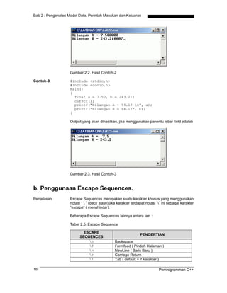 Bab 2 : Pengenalan Model Data, Perintah Masukan dan Keluaran
Gambar 2.2. Hasil Contoh-2
Contoh-3 #include <stdio.h>
#include <conio.h>
main()
{
float a = 7.50, b = 243.21;
clrscr();
printf("Bilangan A = %4.1f n", a);
printf("Bilangan B = %4.1f", b);
}
Output yang akan dihasilkan, jika menggunakan panentu lebar field adalah
Gambar 2.3. Hasil Contoh-3
b. Penggunaan Escape Sequences.
Penjelasan Escape Sequences merupakan suatu karakter khusus yang menggunakan
notasi “  ” (back slash) jika karakter terdapat notasi “” ini sebagai karakter
“escape” ( menghindar).
Beberapa Escape Sequences lainnya antara lain :
Tabel 2.5. Escape Sequence
ESCAPE
SEQUENCES
PENGERTIAN
b Backspace
f Formfeed ( Pindah Halaman )
n NewLine ( Baris Baru )
r Carriage Return
t Tab ( default = 7 karakter )
Pemrogramman C++16
 