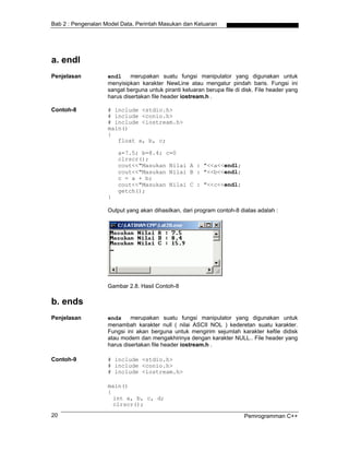 Bab 2 : Pengenalan Model Data, Perintah Masukan dan Keluaran
a. endl
Penjelasan endl merupakan suatu fungsi manipulator yang digunakan untuk
menyisipkan karakter NewLine atau mengatur pindah baris. Fungsi ini
sangat berguna untuk piranti keluaran berupa file di disk. File header yang
harus disertakan file header iostream.h .
Contoh-8 # include <stdio.h>
# include <conio.h>
# include <iostream.h>
main()
{
float a, b, c;
a=7.5; b=8.4; c=0
clrscr();
cout<<"Masukan Nilai A : "<<a<<endl;
cout<<"Masukan Nilai B : "<<b<<endl;
c = a + b;
cout<<"Masukan Nilai C : "<<c<<endl;
getch();
}
Output yang akan dihasilkan, dari program contoh-8 diatas adalah :
Gambar 2.8. Hasil Contoh-8
b. ends
Penjelasan ends merupakan suatu fungsi manipulator yang digunakan untuk
menambah karakter null ( nilai ASCII NOL ) kederetan suatu karakter.
Fungsi ini akan berguna untuk mengirim sejumlah karakter kefile didisk
atau modem dan mengakhirinya dengan karakter NULL.. File header yang
harus disertakan file header iostream.h .
Contoh-9 # include <stdio.h>
# include <conio.h>
# include <iostream.h>
main()
{
int a, b, c, d;
clrscr();
Pemrogramman C++20
 