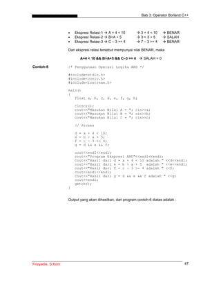Bab 3: Operator Borland C++
Frieyadie, S.Kom 47
• Ekspresi Relasi-1 A + 4 < 10 3 + 4 < 10 BENAR
• Ekspresi Relasi-2 B>A + 5 3 > 3 + 5 SALAH
• Ekspresi Relasi-3 C – 3 >= 4 7 – 3 >= 4 BENAR
Dari ekspresi relasi tersebut mempunyai nilai BENAR, maka
A+4 < 10 && B>A+5 && C–3 >= 4 SALAH = 0
Contoh-6 /* Penggunaan Operasi Logika AND */
#include<stdio.h>
#include<conio.h>
#include<iostream.h>
main()
{
float a, b, c, d, e, f, g, h;
clrscr();
cout<<"Masukan Nilai A = "; cin>>a;
cout<<"Masukan Nilai B = "; cin>>b;
cout<<"Masukan Nilai C = "; cin>>c;
// Proses
d = a + 4 < 10;
e = b > a + 5;
f = c - 3 >= 4;
g = d && e && f;
cout<<endl<<endl;
cout<<"Program Ekspresi AND"<<endl<<endl;
cout<<"Hasil dari d = a + 4 < 10 adalah " <<d<<endl;
cout<<"Hasil dari e = b > a + 5 adalah " <<e<<endl;
cout<<"Hasil dari f = c - 3 >= 4 adalah " <<f;
cout<<endl<<endl;
cout<<"Hasil dari g = d && e && f adalah " <<g;
cout<<endl;
getch();
}
Output yang akan dihasilkan, dari program contoh-6 diatas adalah :
 