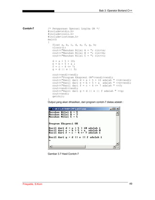 Bab 3: Operator Borland C++
Frieyadie, S.Kom 49
Contoh-7 /* Penggunaan Operasi Logika OR */
#include<stdio.h>
#include<conio.h>
#include<iostream.h>
main()
{
float a, b, c, d, e, f, g, h;
clrscr();
cout<<"Masukan Nilai A = "; cin>>a;
cout<<"Masukan Nilai B = "; cin>>b;
cout<<"Masukan Nilai C = "; cin>>c;
d = a + 5 > 10;
e = b > 5 + a ;
f = c - 4 <= 7;
g = d || e || f;
cout<<endl<<endl;
cout<<"Program Ekspresi OR"<<endl<<endl;
cout<<"Hasil dari d = a + 5 > 10 adalah " <<d<<endl;
cout<<"Hasil dari e = b > 5 + a adalah " <<e<<endl;
cout<<"Hasil dari f = c - 4 <= 7 adalah " <<f;
cout<<endl<<endl;
cout<<"Hasil dari g = d || e || f adalah " <<g;
cout<<endl;
getch();
}
Output yang akan dihasilkan, dari program contoh-7 diatas adalah :
Gambar 3.7 Hasil Contoh-7
 