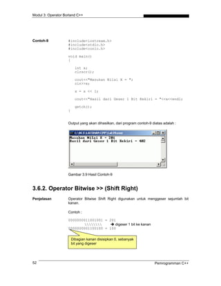 Modul 3: Operator Borland C++
Contoh-9 #include<iostream.h>
#include<stdio.h>
#include<conio.h>
void main()
{
int x;
clrscr();
cout<<"Masukan Nilai X = ";
cin>>x;
x = x << 1;
cout<<"Hasil dari Geser 1 Bit Kekiri = "<<x<<endl;
getch();
}
Output yang akan dihasilkan, dari program contoh-9 diatas adalah :
Gambar 3.9 Hasil Contoh-9
3.6.2. Operator Bitwise >> (Shift Right)
Penjelasan Operator Bitwise Shift Right digunakan untuk menggeser sejumlah bit
kanan.
Contoh :
0000000011001001 = 201
 digeser 1 bit ke kanan
0000000001100100 = 100
Dibagian kanan disisipkan 0, sebanyak
bit yang digeser
Pemrogramman C++52
 