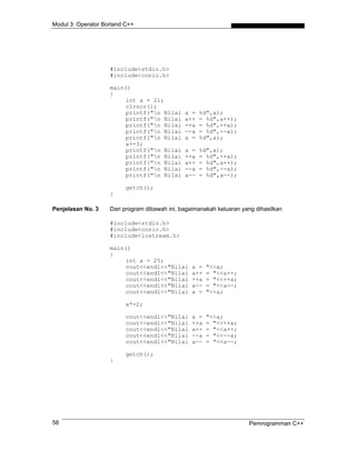 Modul 3: Operator Borland C++
#include<stdio.h>
#include<conio.h>
main()
{
int a = 21;
clrscr();
printf("n Nilai a = %d",a);
printf("n Nilai a++ = %d",a++);
printf("n Nilai ++a = %d",++a);
printf("n Nilai --a = %d",--a);
printf("n Nilai a = %d",a);
a+=3;
printf("n Nilai a = %d",a);
printf("n Nilai ++a = %d",++a);
printf("n Nilai a++ = %d",a++);
printf("n Nilai --a = %d",--a);
printf("n Nilai a-- = %d",a--);
getch();
}
Penjelasan No. 3 Dari program dibawah ini, bagaimanakah keluaran yang dihasilkan
#include<stdio.h>
#include<conio.h>
#include<iostream.h>
main()
{
int a = 25;
cout<<endl<<"Nilai a = "<<a;
cout<<endl<<"Nilai a++ = "<<a++;
cout<<endl<<"Nilai ++a = "<<++a;
cout<<endl<<"Nilai a-- = "<<a--;
cout<<endl<<"Nilai a = "<<a;
a*=2;
cout<<endl<<"Nilai a = "<<a;
cout<<endl<<"Nilai ++a = "<<++a;
cout<<endl<<"Nilai a++ = "<<a++;
cout<<endl<<"Nilai --a = "<<--a;
cout<<endl<<"Nilai a-- = "<<a--;
getch();
}
Pemrogramman C++58
 