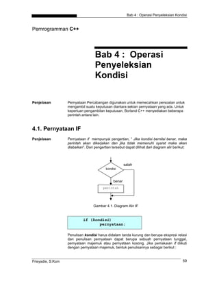 Bab 4 : Operasi Penyeleksian Kondisi
Pemrogramman C++
Bab 4 : Operasi
Penyeleksian
Kondisi
Penjelasan Pernyataan Percabangan digunakan untuk memecahkan persoalan untuk
mengambil suatu keputusan diantara sekian pernyataan yang ada. Untuk
keperluan pengambilan keputusan, Borland C++ menyediakan beberapa
perintah antara lain.
4.1. Pernyataan IF
Penjelasan Pernyataan if mempunyai pengertian, “ Jika kondisi bernilai benar, maka
perintah akan dikerjakan dan jika tidak memenuhi syarat maka akan
diabaikan”. Dari pengertian tersebut dapat dilihat dari diagram alir berikut:
salah
benar
Gambar 4.1. Diagram Alir IF
Bentuk umum dari pernyataan if
kondisi
perintah
if (kondisi)
pernyataan;
Penulisan kondisi harus didalam tanda kurung dan berupa ekspresi relasi
dan penulisan pernyataan dapat berupa sebuah pernyataan tunggal,
pernyataan majemuk atau pernyataan kosong. Jika pemakaian if diikuti
dengan pernyataan majemuk, bentuk penulisannya sebagai berikut :
Frieyadie, S.Kom 59
 