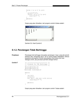 Bab 5 : Proses Perulangan
for(a = 1; a <= 5; a++)
{
printf("n");
for(b = a; b <= 5; b++)
cout<<a<<" ";
}
getch();
}
Output yang akan dihasilkan, dari program contoh-6 diatas adalah :
Gambar 5.6. Hasil Contoh-6
5.1.2. Perulangan Tidak Berhingga
Penjelasan Perulangan tak berhingga merupakan perulangan ( loop ) yang tak pernah
berhenti atau mengulang terus, hal ini sering terjadi disebabkan adanya
kesalahan penanganan kondisi yang dipakai untuk keluar dari loop.
Sebagai contoh, jika penulisan perintah sebagai berikut :
Contoh-7 /* ------------------------- */
/* Program for Tdk Berhingga */
/* ------------------------- */
#include<stdio.h>
#include<conio.h>
#include <iostream.h>
main()
{
int bil;
clrscr();
for (bil = 60; bil >=10; bil++)
cout<<bil<<" ";
getch();
}
Output yang akan dihasilkan, dari program contoh-7 diatas adalah :
Pemrogramman C++80
 