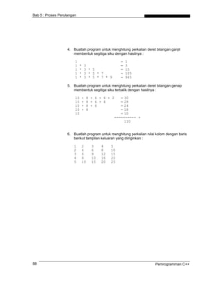 Bab 5 : Proses Perulangan
4. Buatlah program untuk menghitung perkalian deret bilangan ganjil
membentuk segitiga siku dengan hasilnya :
1 = 1
1 * 3 = 3
1 * 3 * 5 = 15
1 * 3 * 5 * 7 = 105
1 * 3 * 5 * 7 * 9 = 945
5. Buatlah program untuk menghitung perkalian deret bilangan genap
membentuk segitiga siku terbalik dengan hasilnya :
10 + 8 + 6 + 4 + 2 = 30
10 + 8 + 6 + 4 = 28
10 + 8 + 6 = 24
10 + 8 = 18
10 = 10
---------- +
110
6. Buatlah program untuk menghitung perkalian nilai kolom dengan baris
berikut tampilan keluaran yang diinginkan :
1 2 3 4 5
2 4 6 8 10
3 6 9 12 15
4 8 10 16 20
5 10 15 20 25
Pemrogramman C++88
 